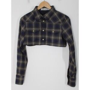 Frankie Morello S Blue Gray Plaid Cropped Long Sleeve Top